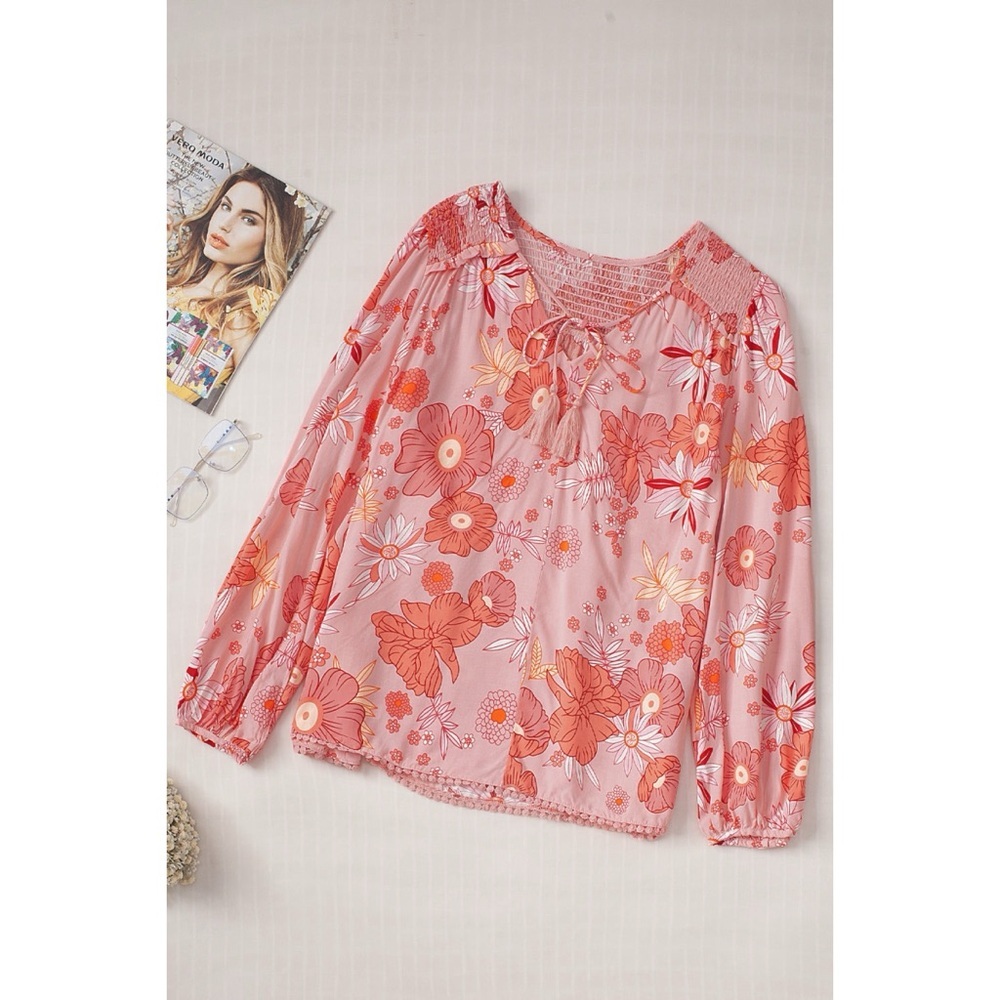 Floral Tasseled V Neck Puff Sleeve Blouse